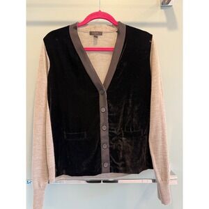 J.Crew‎ Harlow Merino Velvet Panel Cardigan Sweater Gray Black Womens Size L